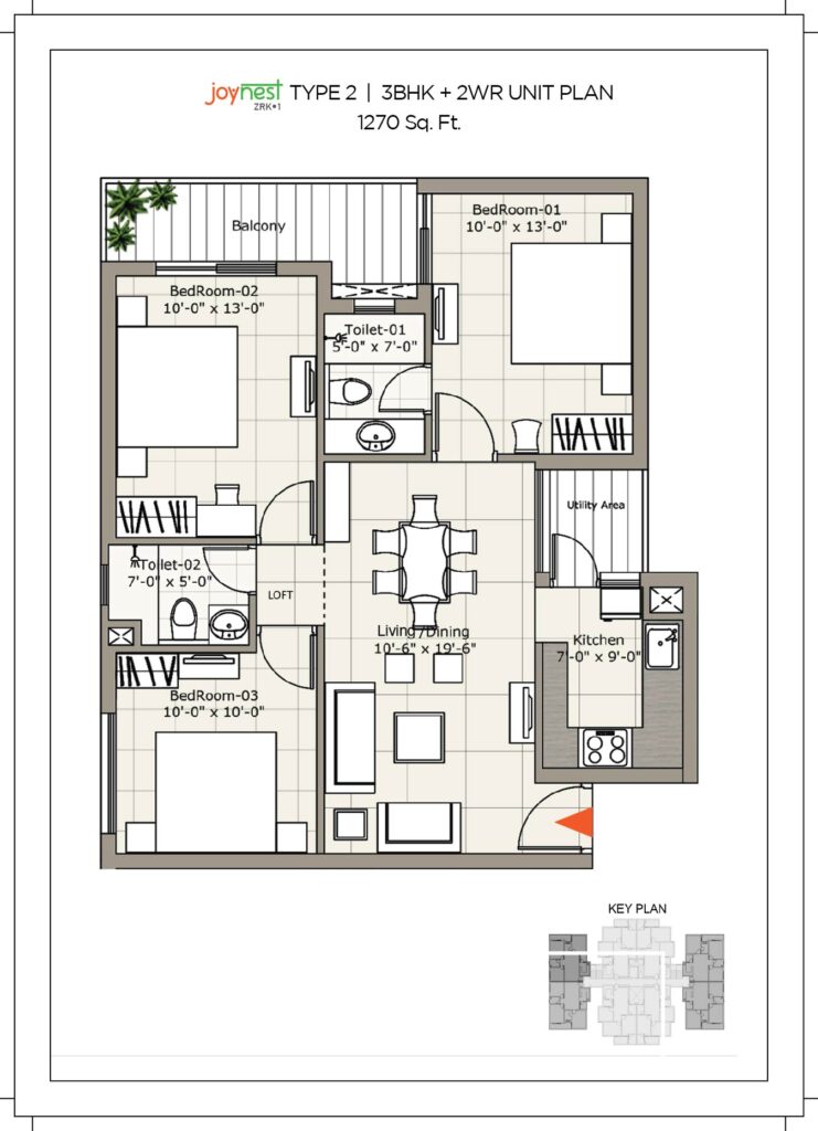 Sushma Joynest ZRK Floor Plan of 3 BHK 1270 sq.ft