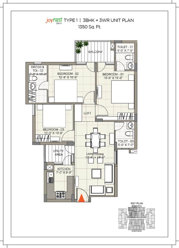 Joynest ZRK floor plan 3 BHK 1350 sq.ft.